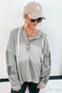 Waffle Knit Stripe Patchwork Henley Drawstring Hood Drop Shoulder Long Sleeve Top